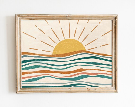 Boho Sun Over Ocean Waves Retro Sunset Surf Horizontal Art Poster
