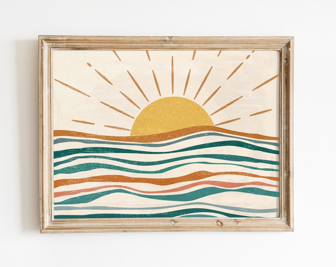 Ocean Waves Art Print Horizontal Boho Sun Wall Abstract Landscape Nursery Decor