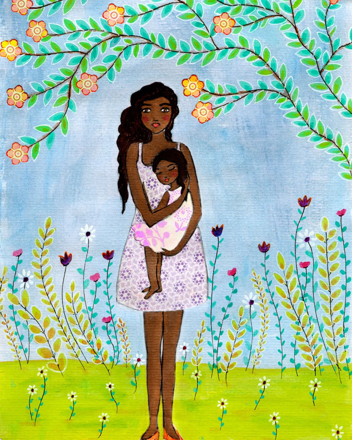 Mother Hugging Sleeping Child in Wildflower Meadow Tender Art Poster