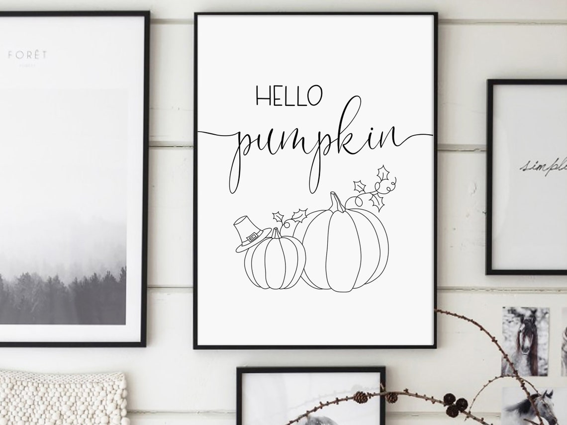 Hello Pumpkin Script with Line Art Pumpkins Rustic Fall Sign Print - Image 2