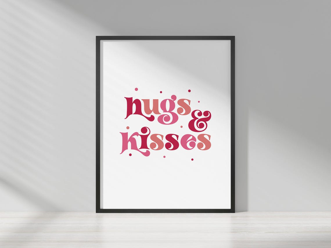 Hugs and Kisses Retro Pink Script Valentines Day Typography Print - Image 2