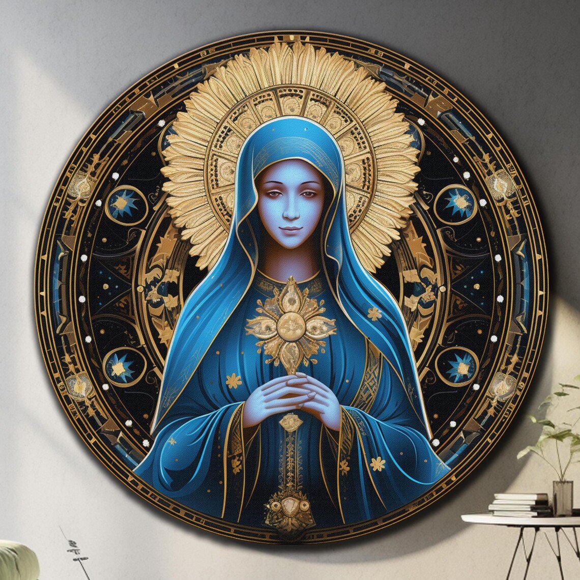 Virgin Mary Blue Veil Golden Starburst Halo Prayer Round Wall Art