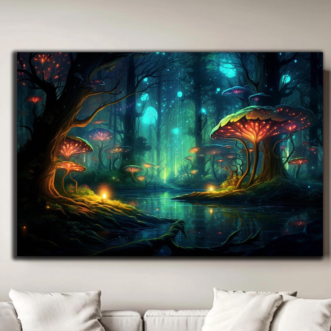 Tempered Glass Wall Art Fireflies Illuminate Forest Fantasy Neon Wall Decor Optical Illusion Artwork Psychedelic Glowing Forest Glass Art