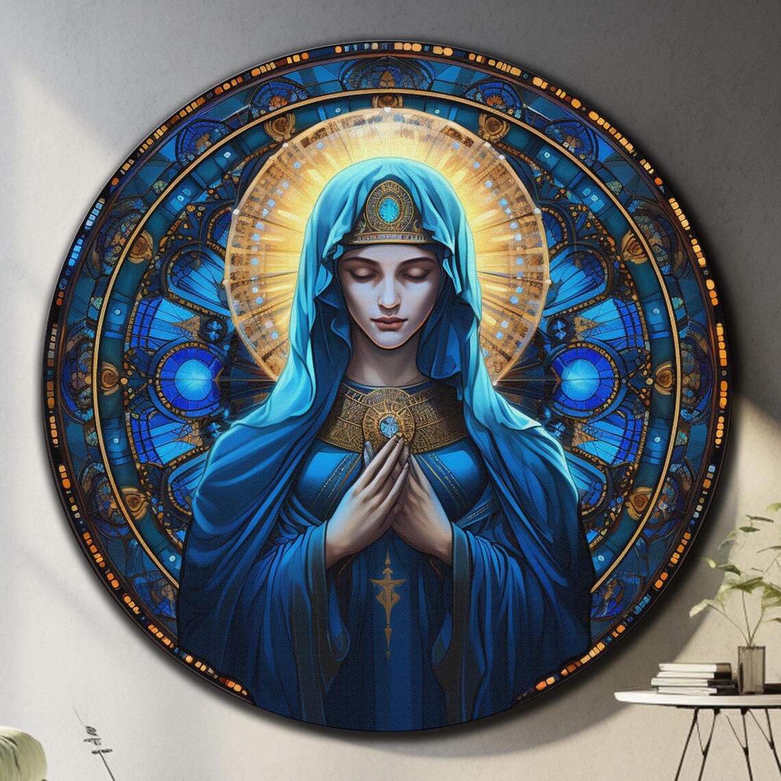 Virgin Mary Blue Stained Glass Praying Hands Golden Halo Wall Art
