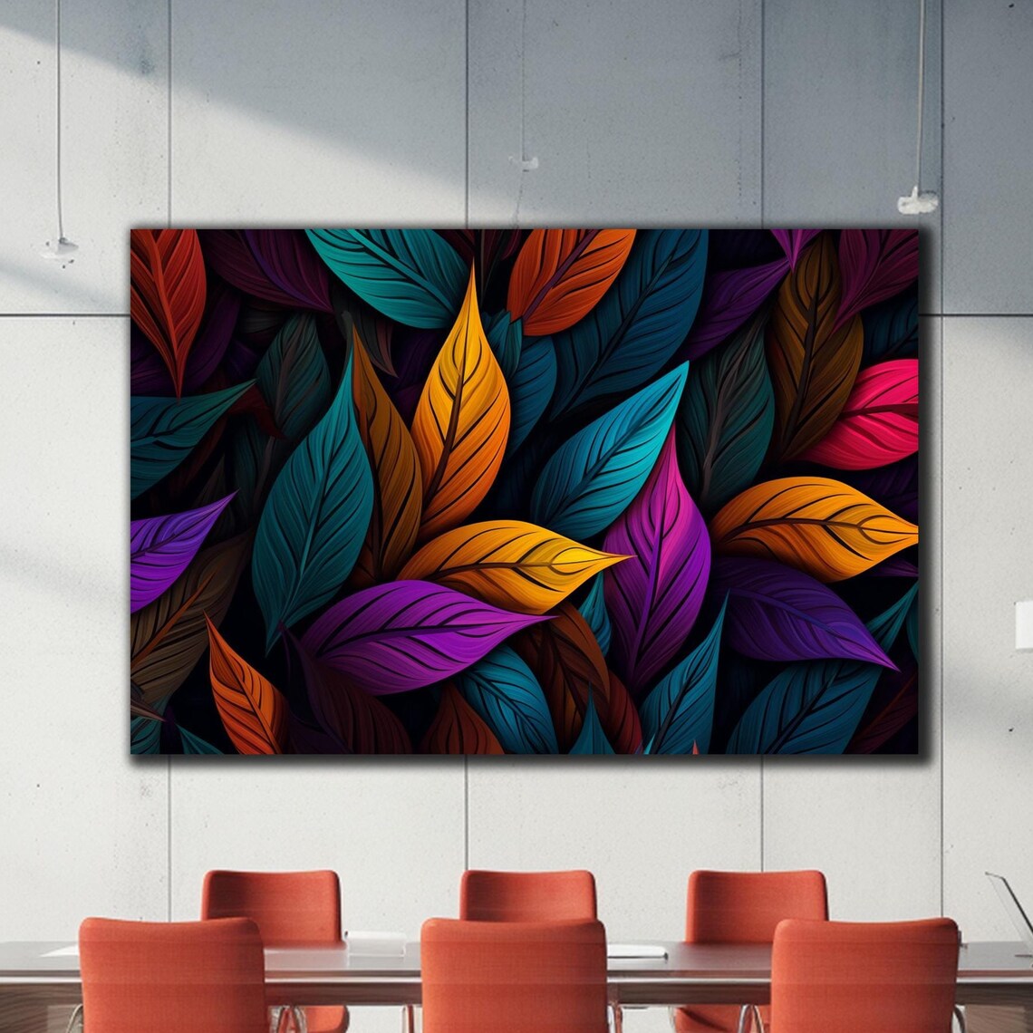 Dense Rainbow Leaves Black Backdrop Teal Orange Purple Wall Art