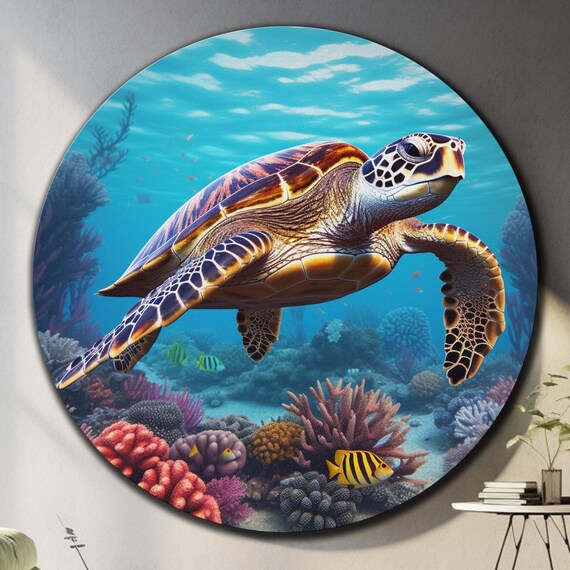 Hawksbill Sea Turtle Gliding Coral Reef Blue Ocean Round Wall Art