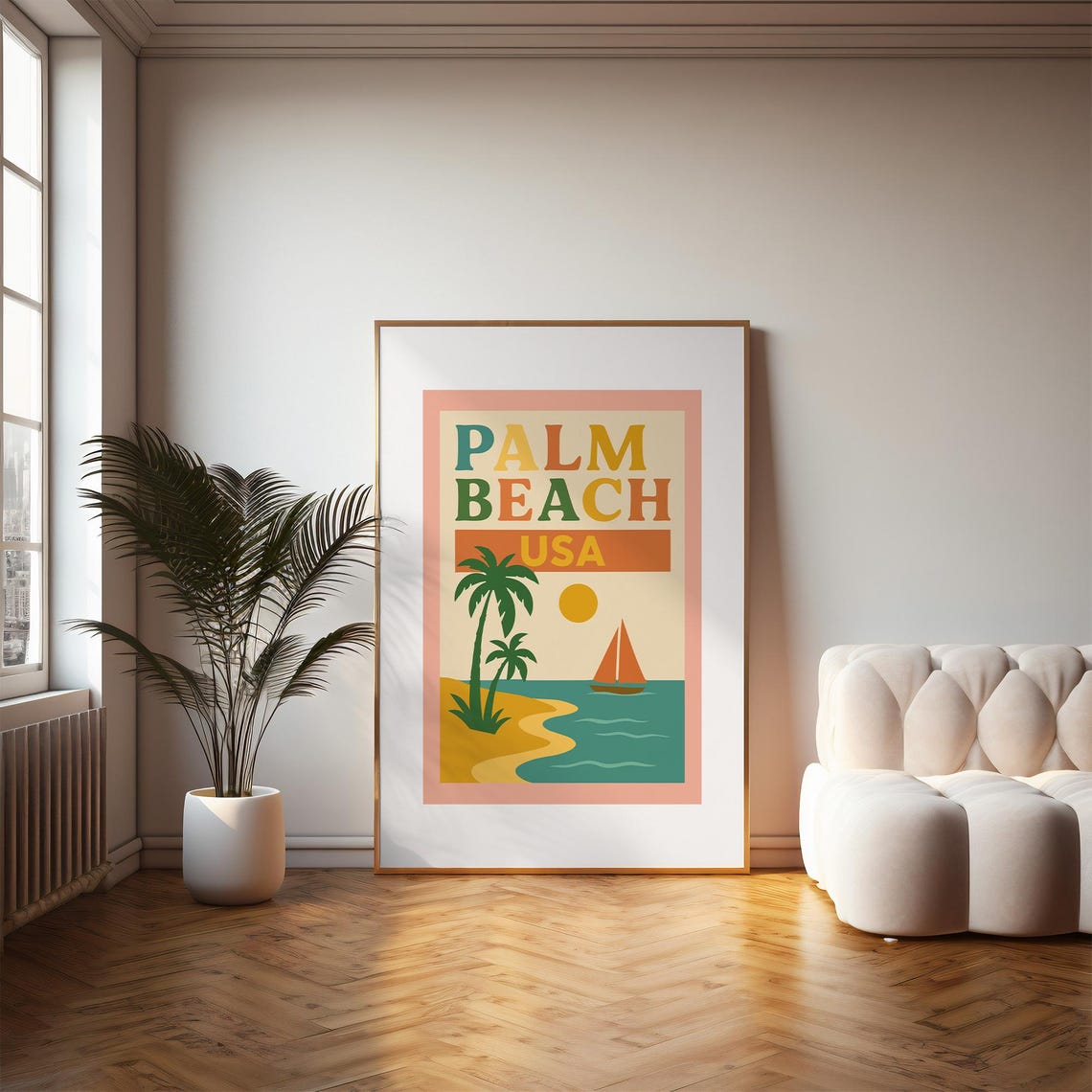 Palm Beach USA Retro Travel Poster Palm Tree Sailboat Ocean Summer Art - Image 4