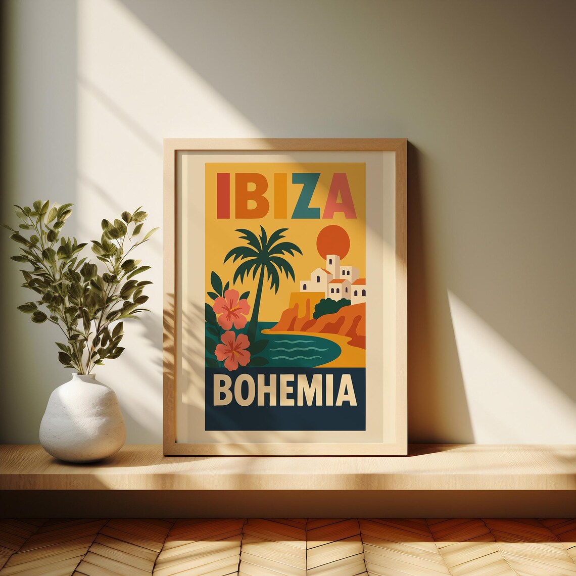Ibiza Bohemia Retro Travel Poster Palm Village Sunset Island Decor Art - Image 3