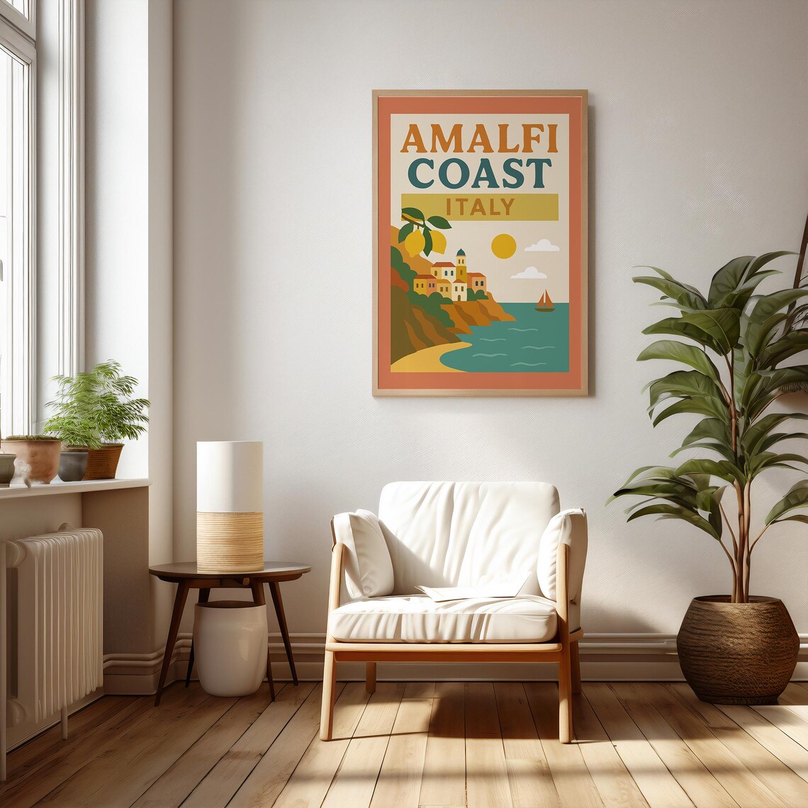 Amalfi Coast Italy Retro Travel Poster Lemon Village Sailboat Sea Art - Image 2