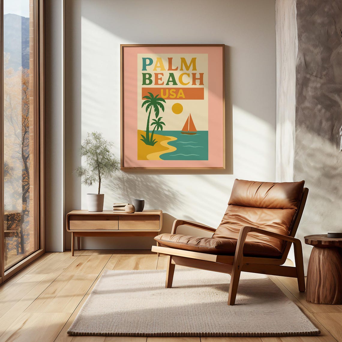 Palm Beach USA Retro Travel Poster Palm Tree Sailboat Ocean Summer Art