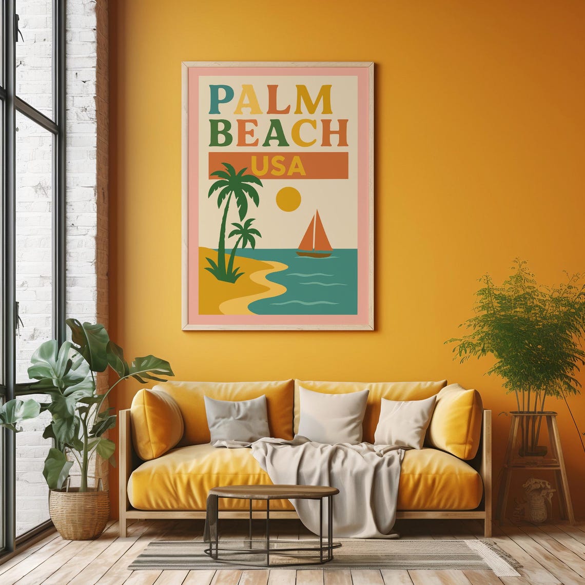 Palm Beach USA Retro Travel Poster Palm Tree Sailboat Ocean Summer Art - Image 5