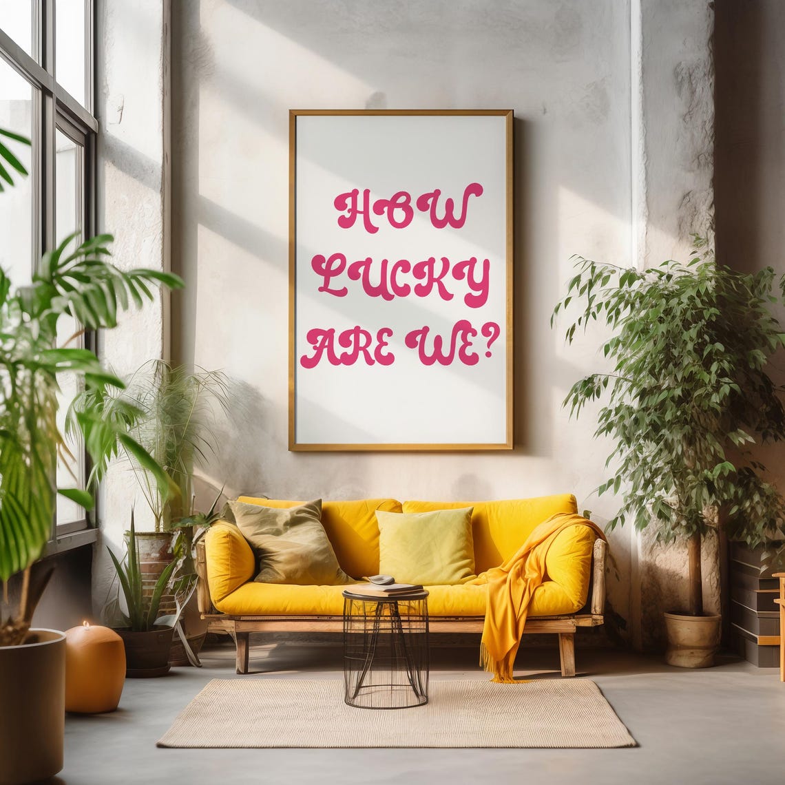 How Lucky Are We Pink Groovy Bubble Letter Retro Wall Decor Poster