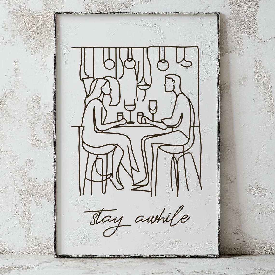 Stay Awhile Minimalist Single Line Art Couple Dining Room Poster - Image 2