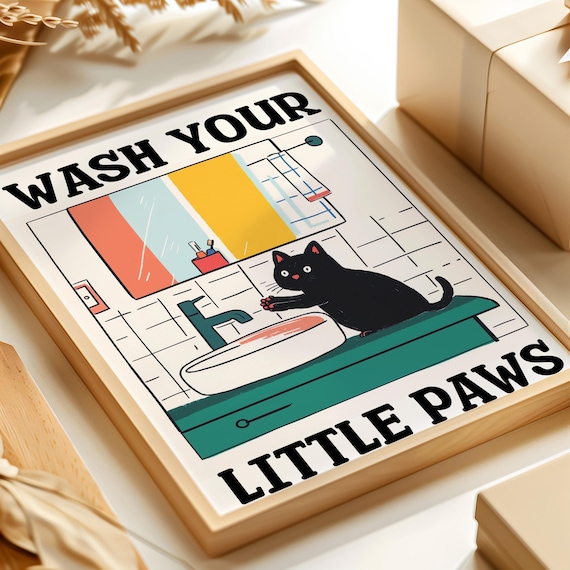 Wash Your Little Paws Funny Black Cat Retro Bathroom Art Poster