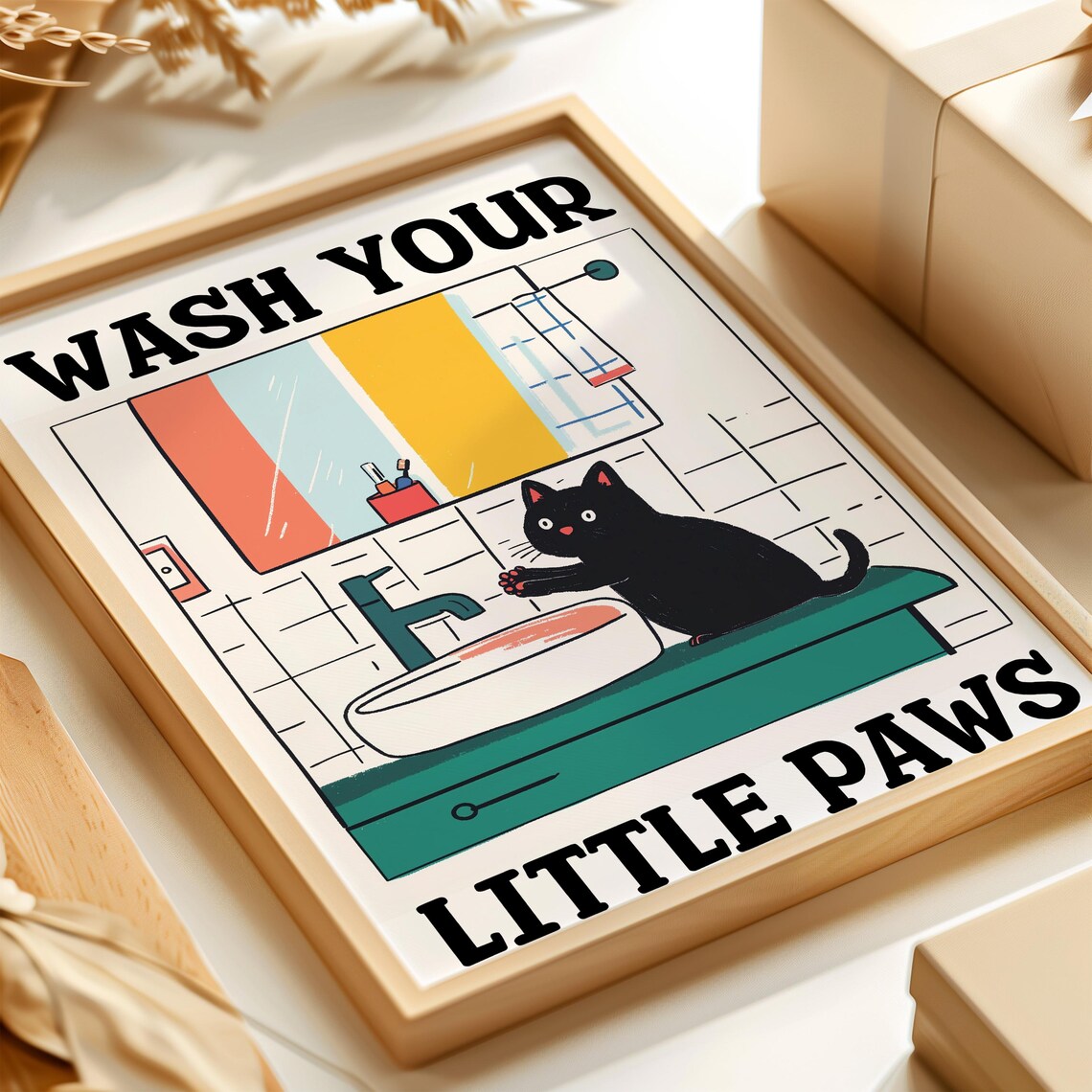 Wash Your Little Paws Funny Black Cat Retro Bathroom Art Poster