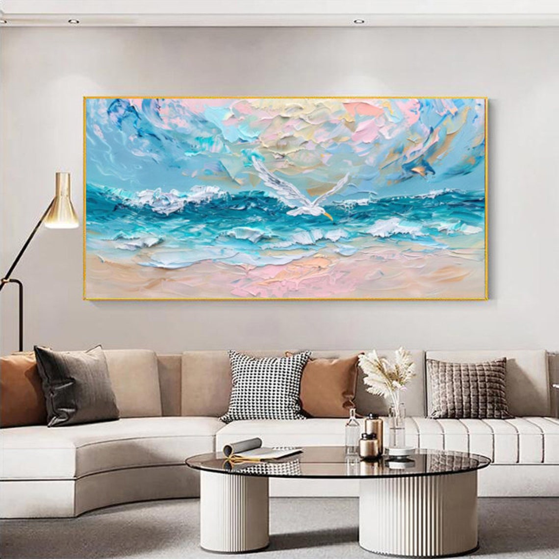 Seagull Over Ocean Waves Pastel Blue Pink Coastal Art Painting Poster - Image 4