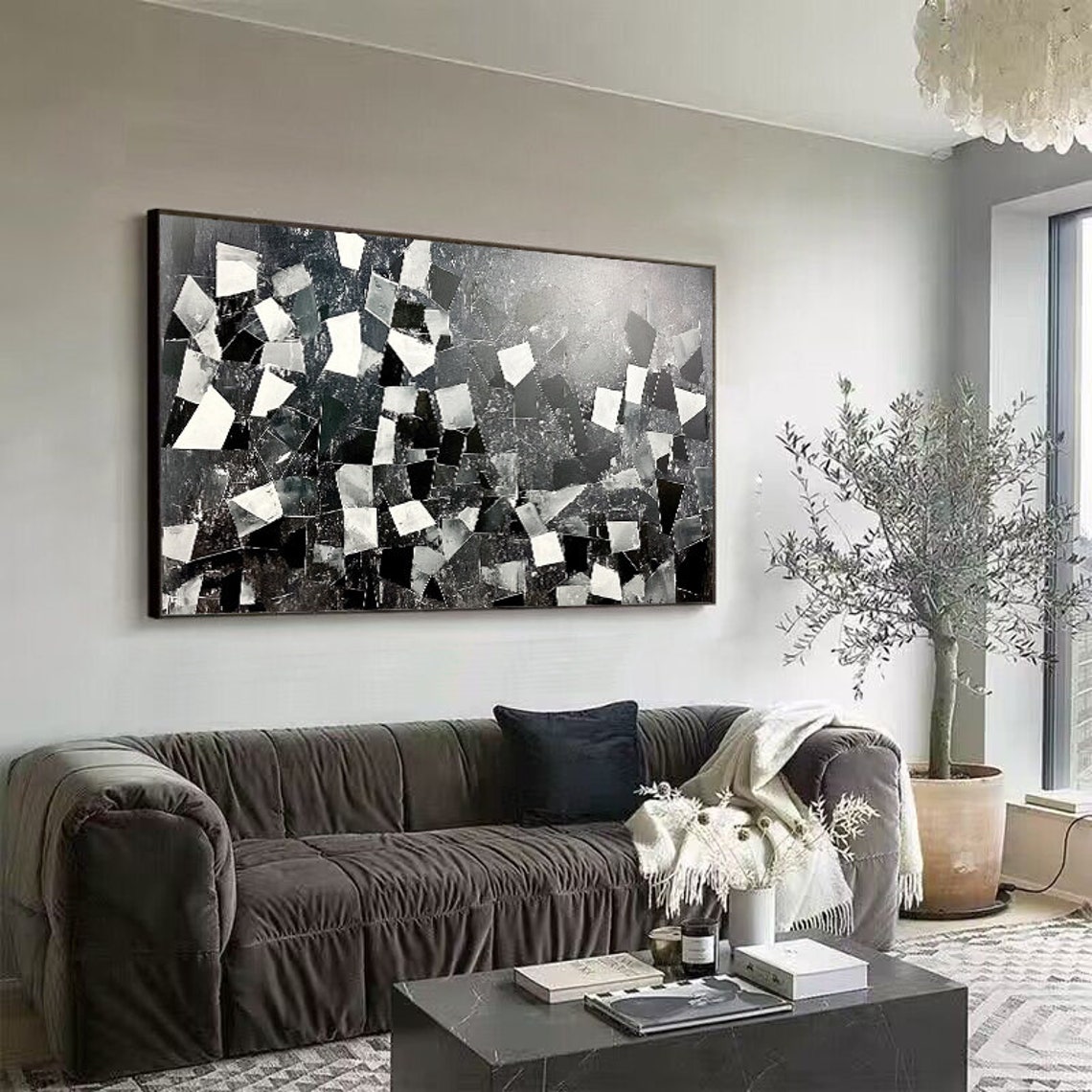 Black White Gray Geometric Abstract Shards Panoramic Modern Art Poster - Image 2
