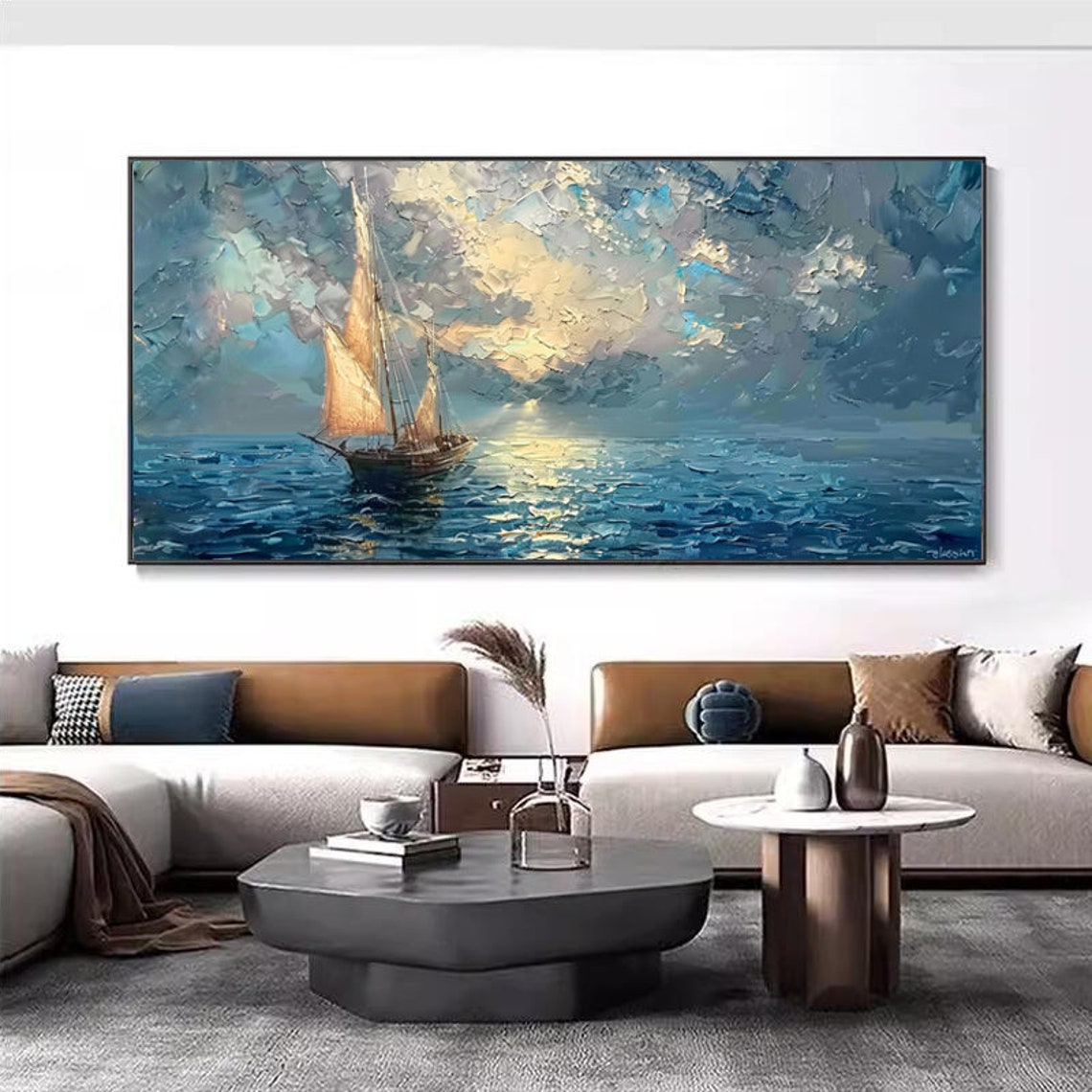 Sailboat With Golden Sails Crossing Sunrise Sea Panoramic Art Poster - Image 2