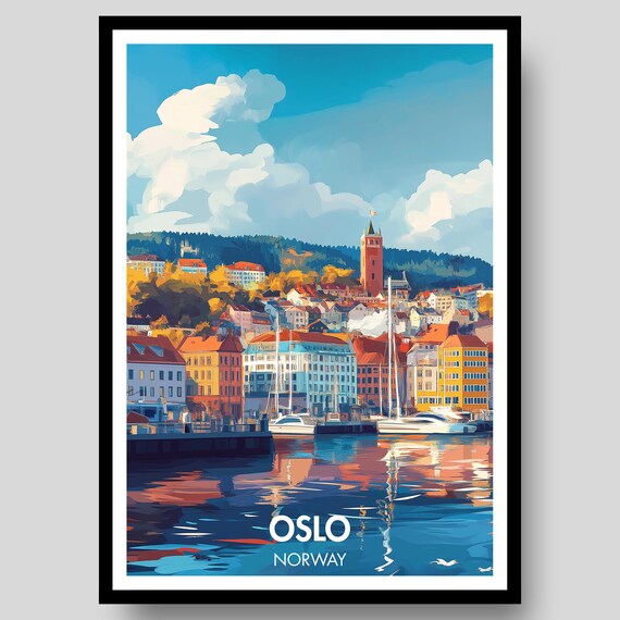 Oslo Norway Harbor Sailboats Autumn Skyline Waterfront Sunset Art Poster
