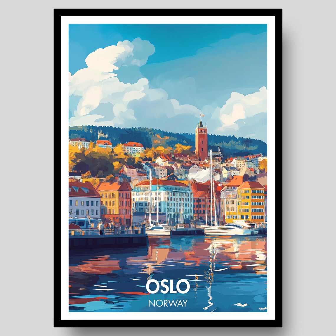 Oslo Norway Harbor Sailboats Autumn Skyline Waterfront Sunset Art Poster