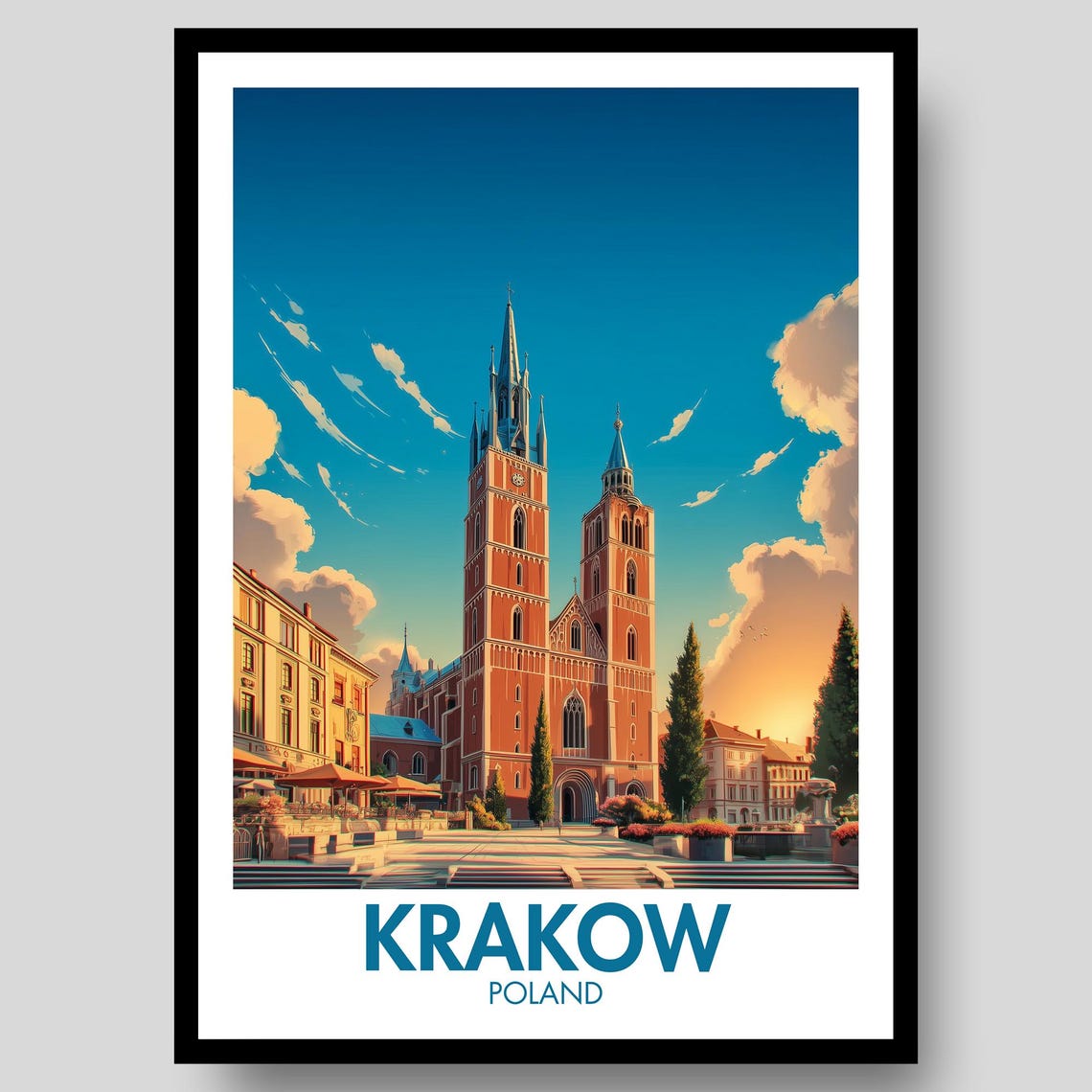 Krakow Poland Vintage Travel Poster Twin Spire Church Old Town