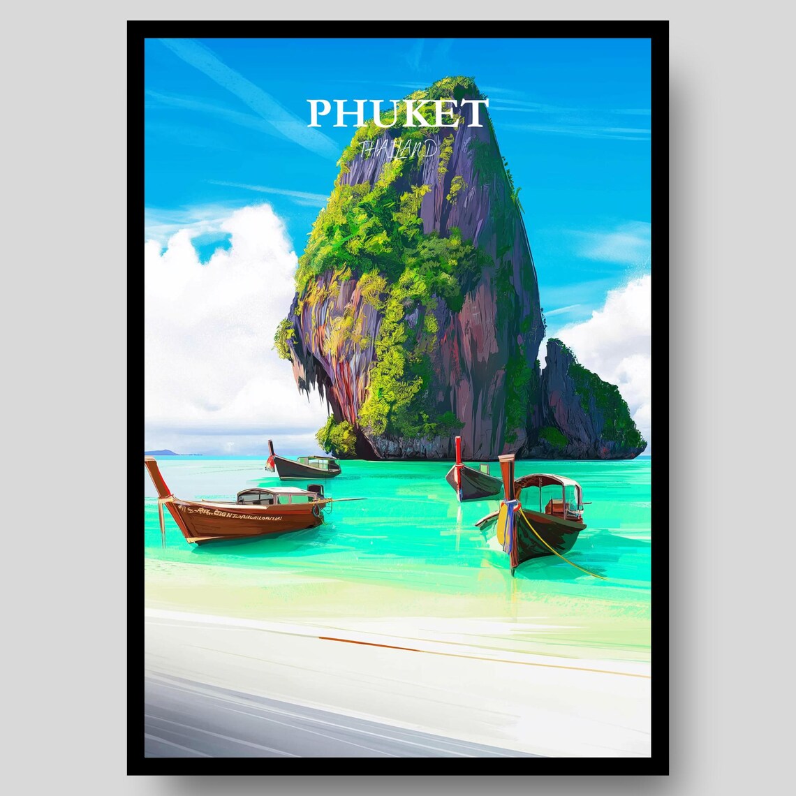 Phuket Thailand Turquoise Bay Island Boats Coastal Art Poster