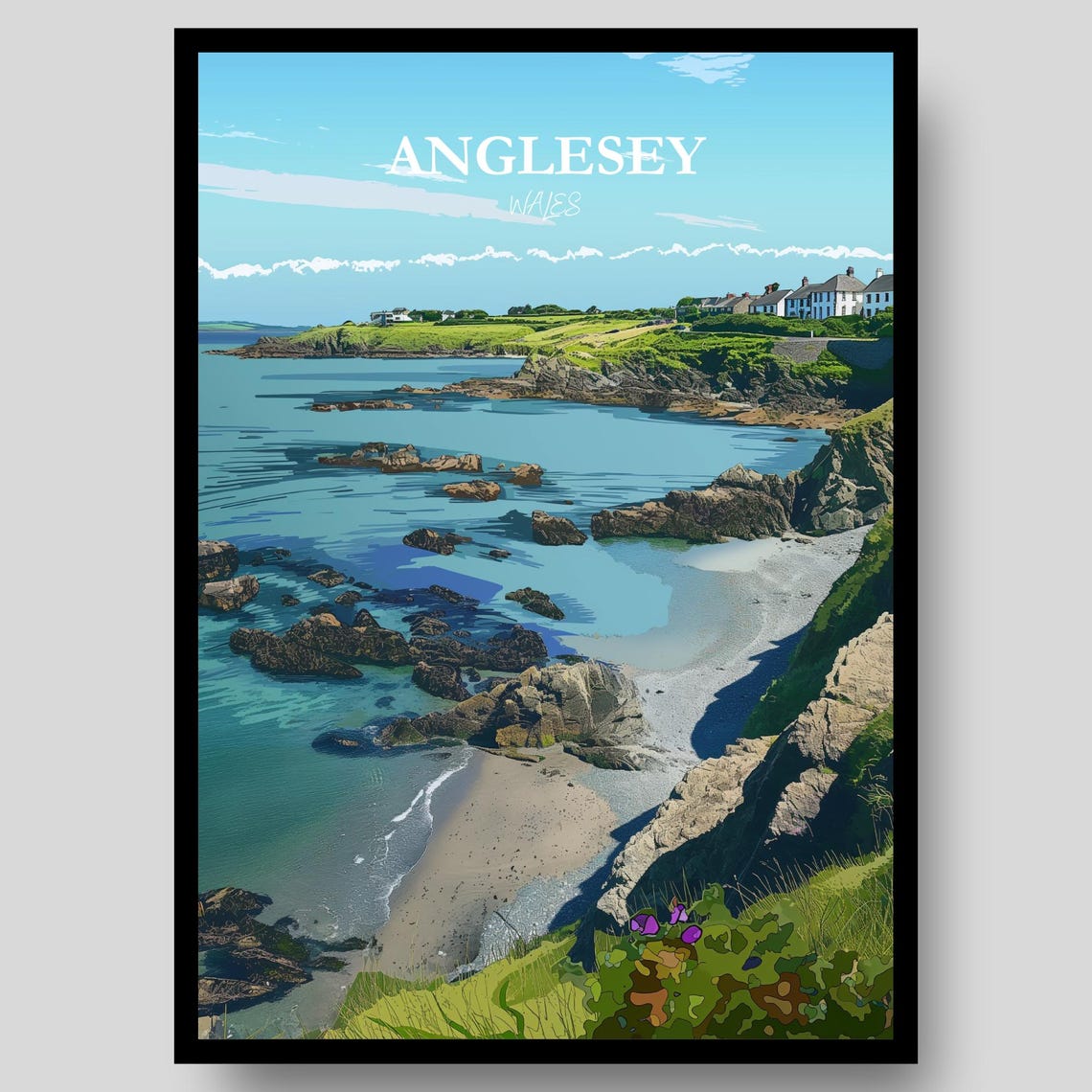 Anglesey Wales Rocky Coastline Blue Sea Cliffs Coastal Travel Poster