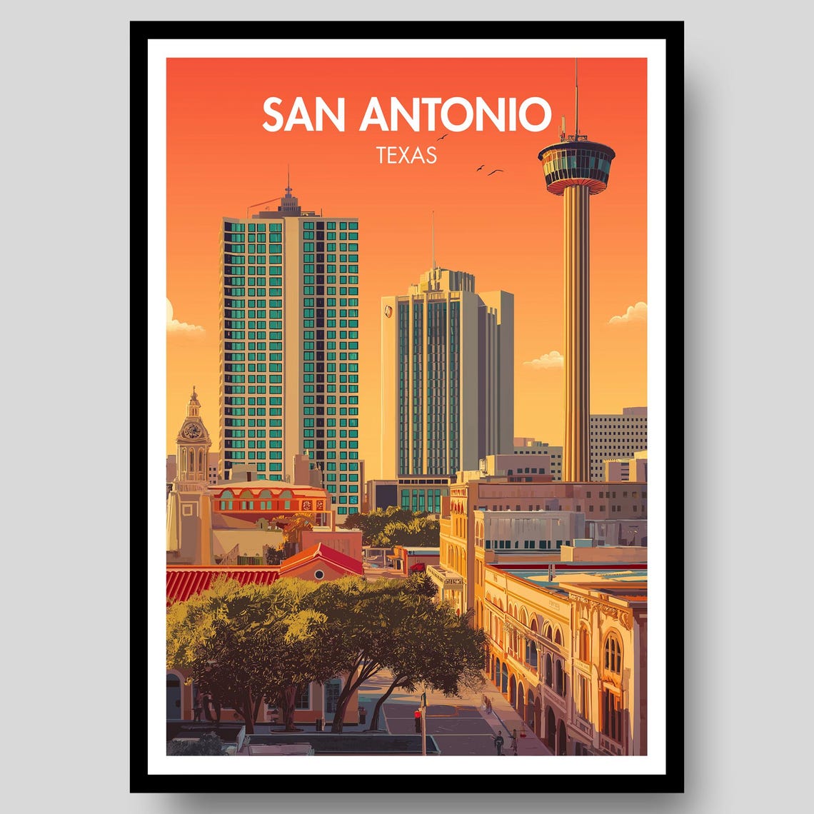 San Antonio Texas Sunset Downtown Skyline City View Travel Poster