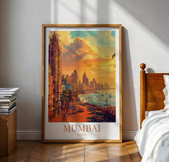 Mumbai India Sunset Street Colonial Buildings Sea View Travel Poster