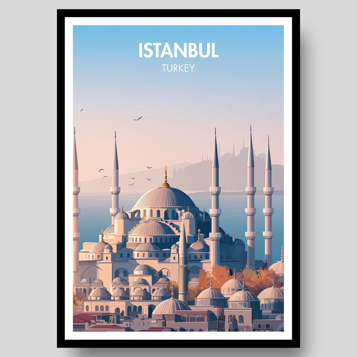 Istanbul Turkey Blue Mosque Minarets Sunset Skyline Travel Poster