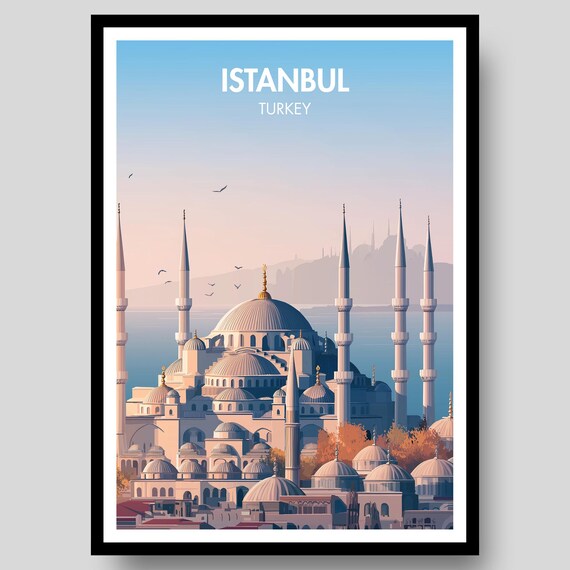 Istanbul Turkey Blue Mosque Minarets Sunset Skyline Travel Poster