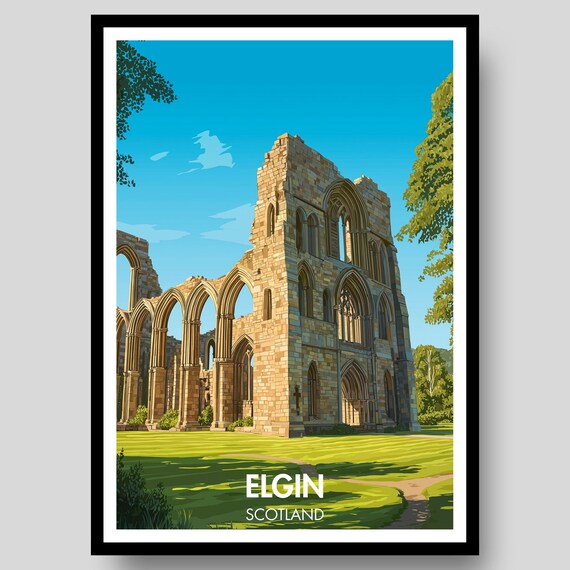 Elgin Scotland Cathedral Ruins Vintage Travel Illustration Poster