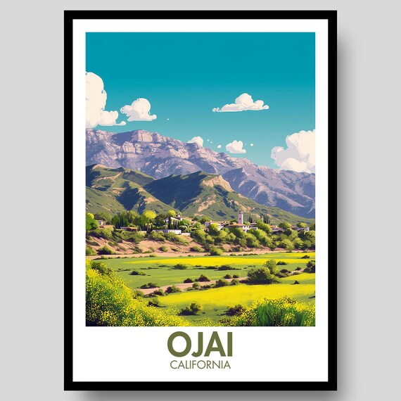 Ojai California Green Valley Mountain Vista Travel Illustration Poster