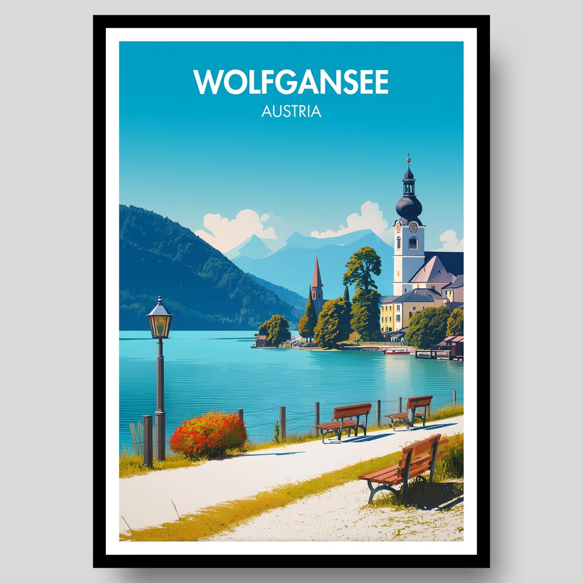 Wolfgangsee Austria Lakeside Path Benches Village Church Art Poster