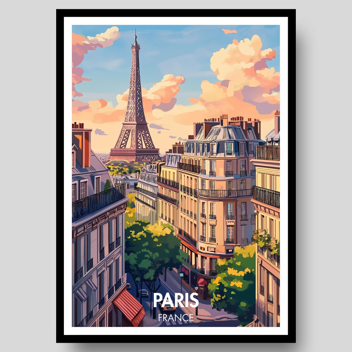 Paris France Eiffel Tower Golden Hour Street View City Skyline Art Poster
