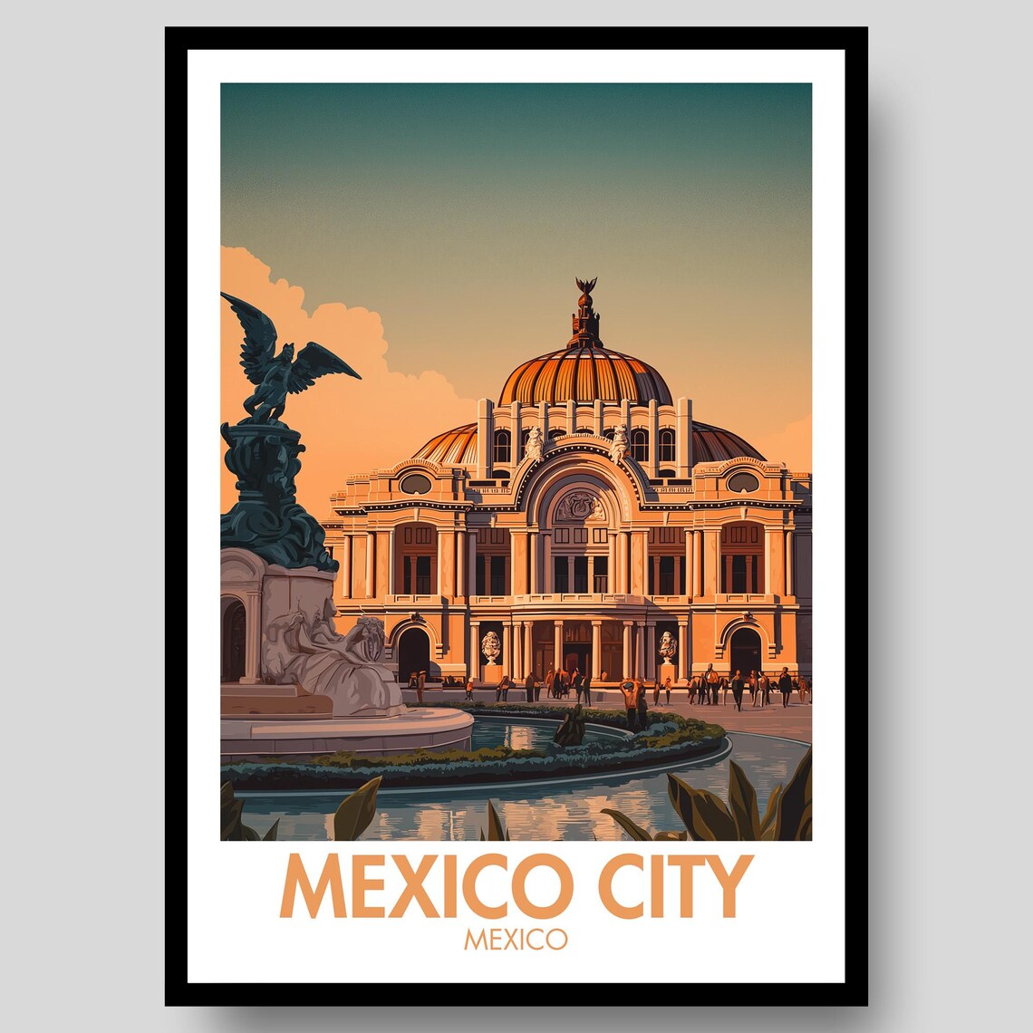 Mexico City Palace of Fine Arts Sunset Landmark Vintage Travel Poster