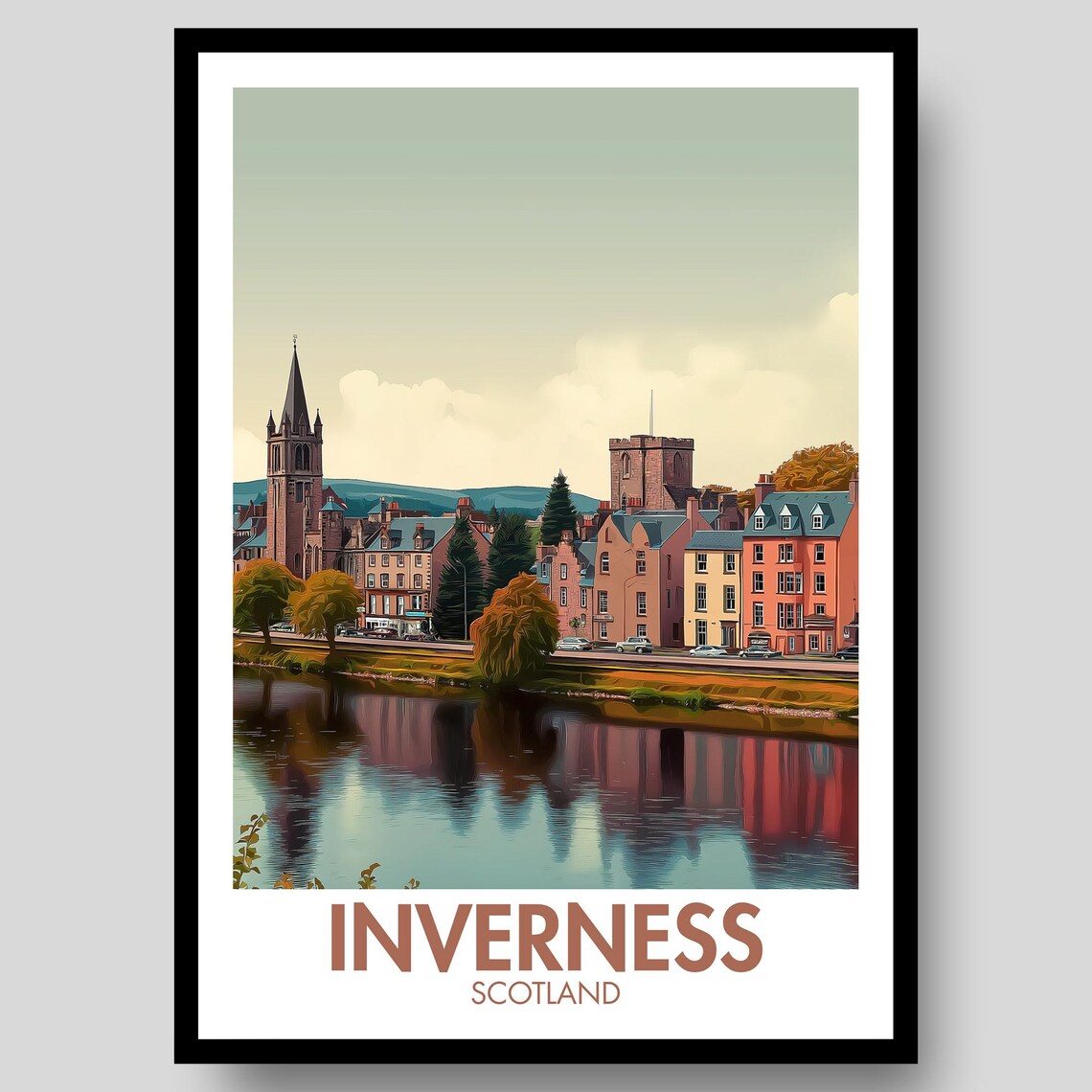 Inverness Scotland Riverside Autumn Vintage Travel Illustration Poster