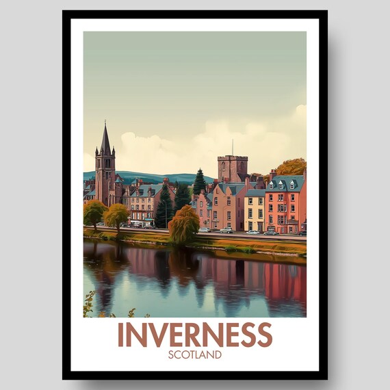Inverness Scotland Riverside Autumn Vintage Travel Illustration Poster