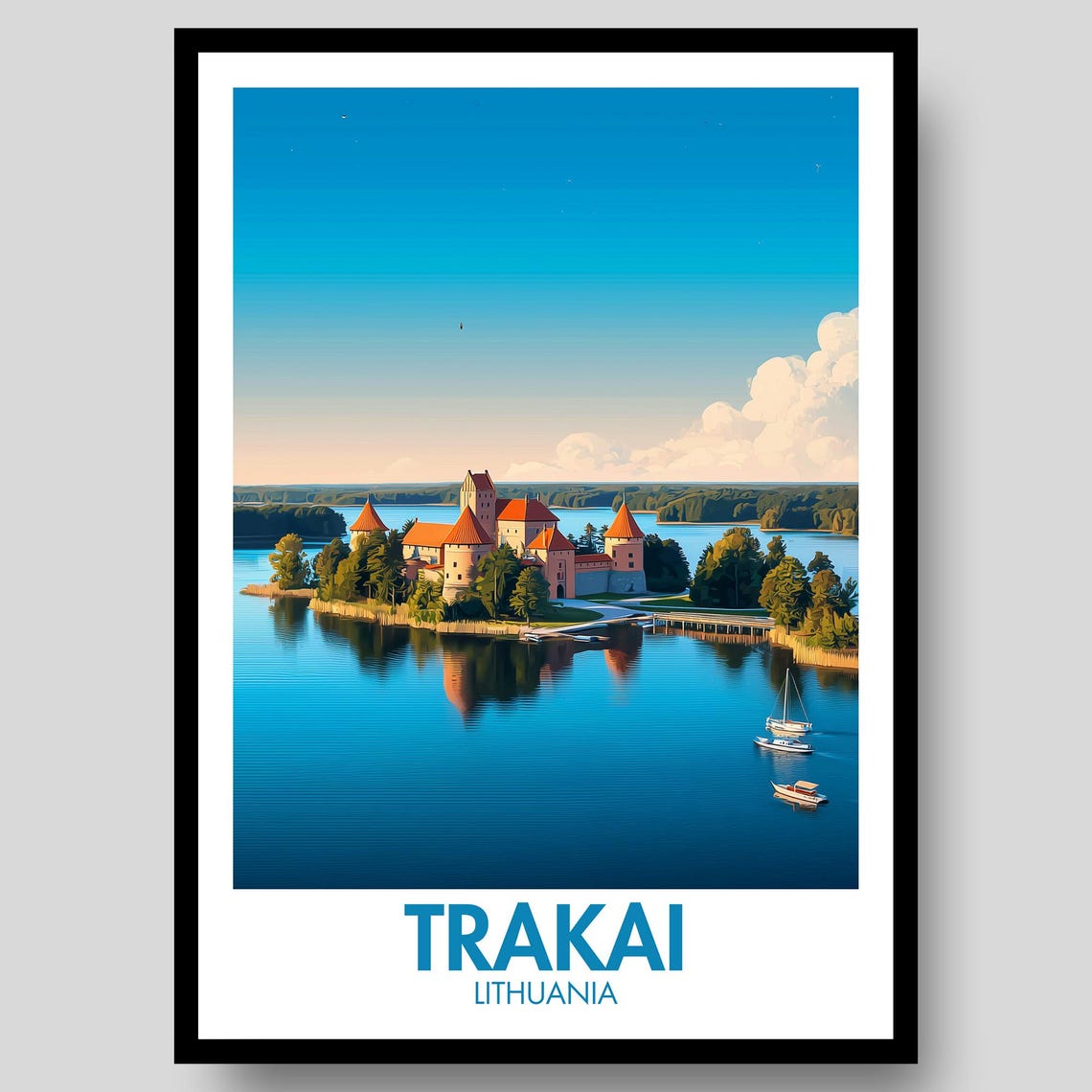 Trakai Lithuania Island Castle Lake Reflection Travel Poster