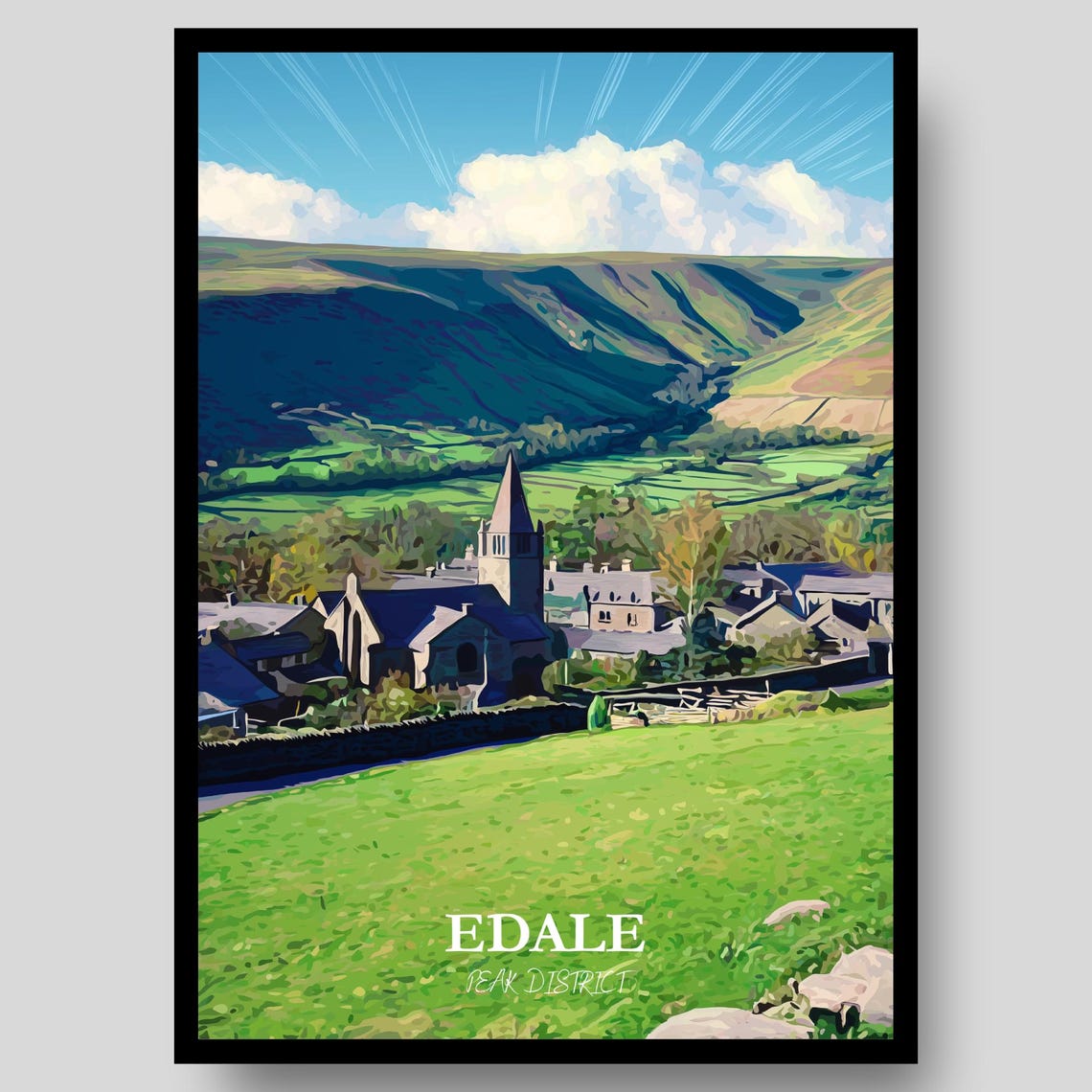 Edale Peak District Village Church Green Valley Hiking Poster