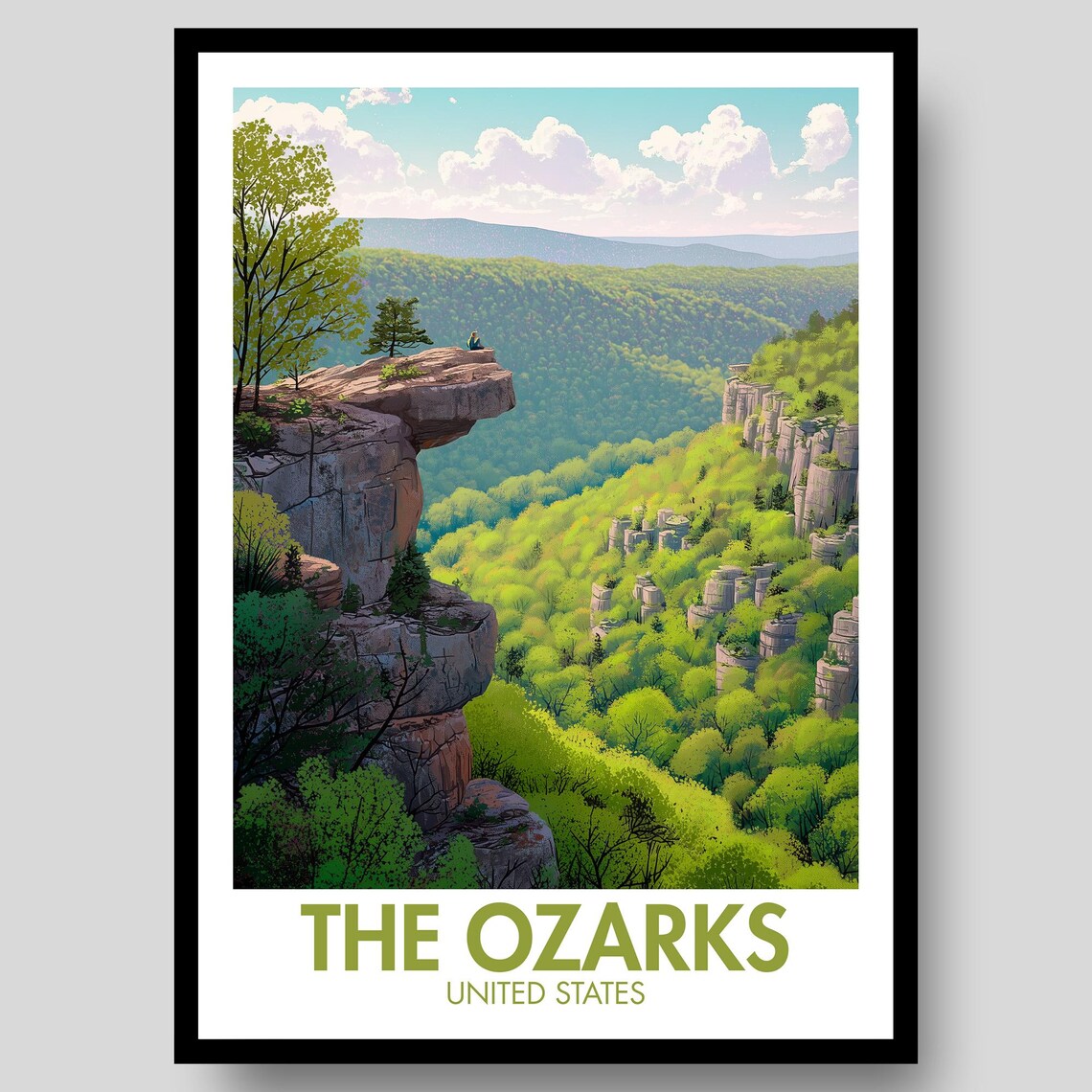 The Ozarks Cliff Overlook Forest Valley Illustrated National Travel Poster