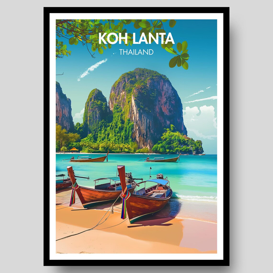 Koh Lanta Thailand Beach Longtail Boats Tropical Sunset Poster