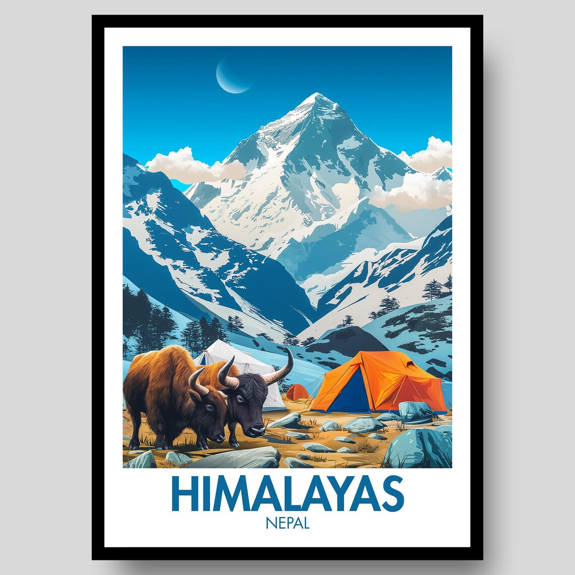 Himalayas Nepal Snow Peak Yaks And Camp Sunset Travel Poster