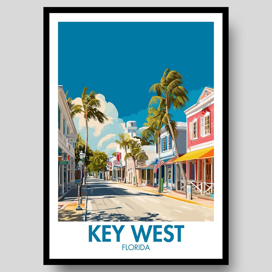 Key West Florida Historic Street Palms Pastel Storefronts Sun Poster