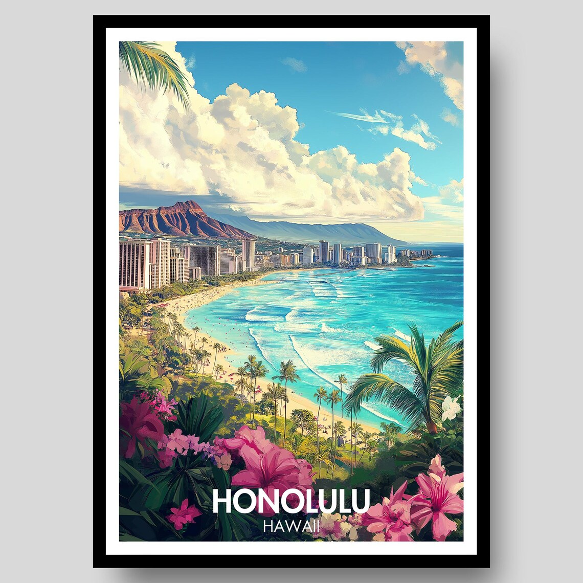 Honolulu Hawaii Tropical Beach Palm Frond Ocean Waves Travel Poster