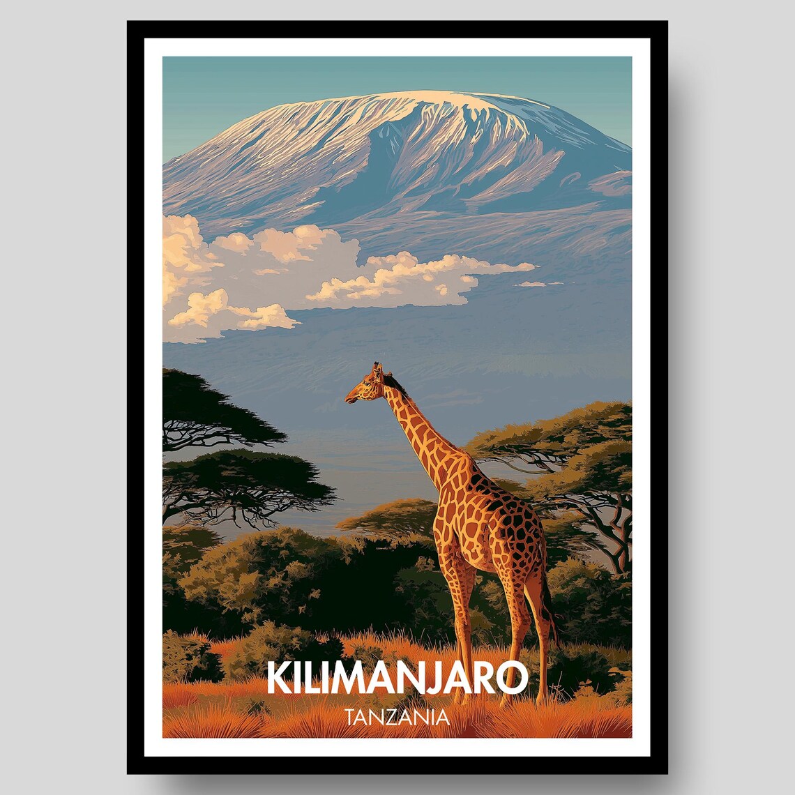Kilimanjaro Tanzania Giraffe Safari Mountain Vintage Travel Poster
