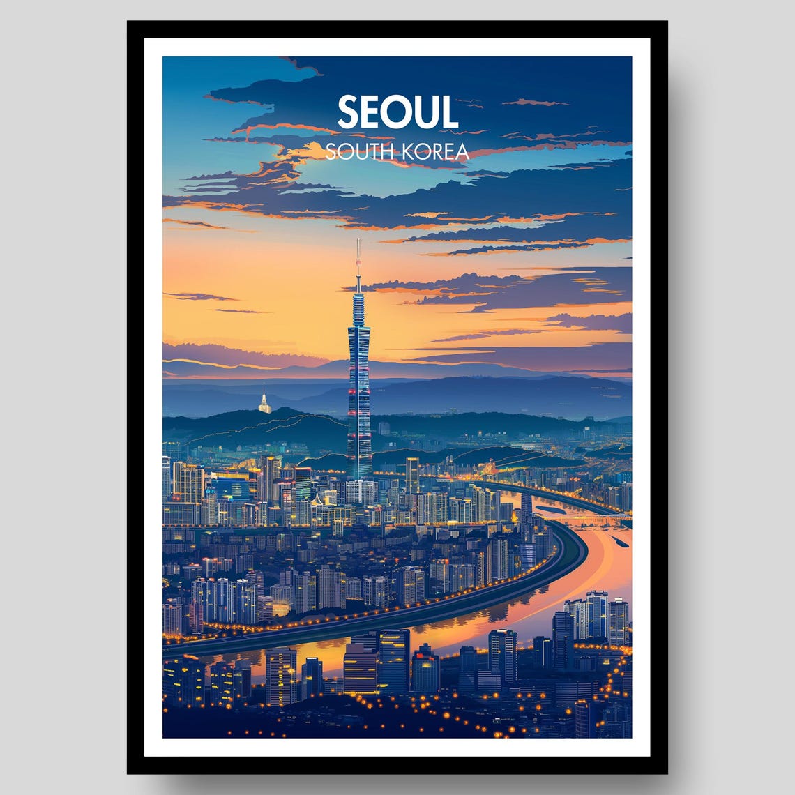 Seoul South Korea Sunset Skyline Tower Han River Travel Poster