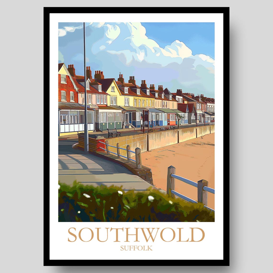 Southwold Suffolk Seafront Promenade Houses Sunny Day Travel Poster