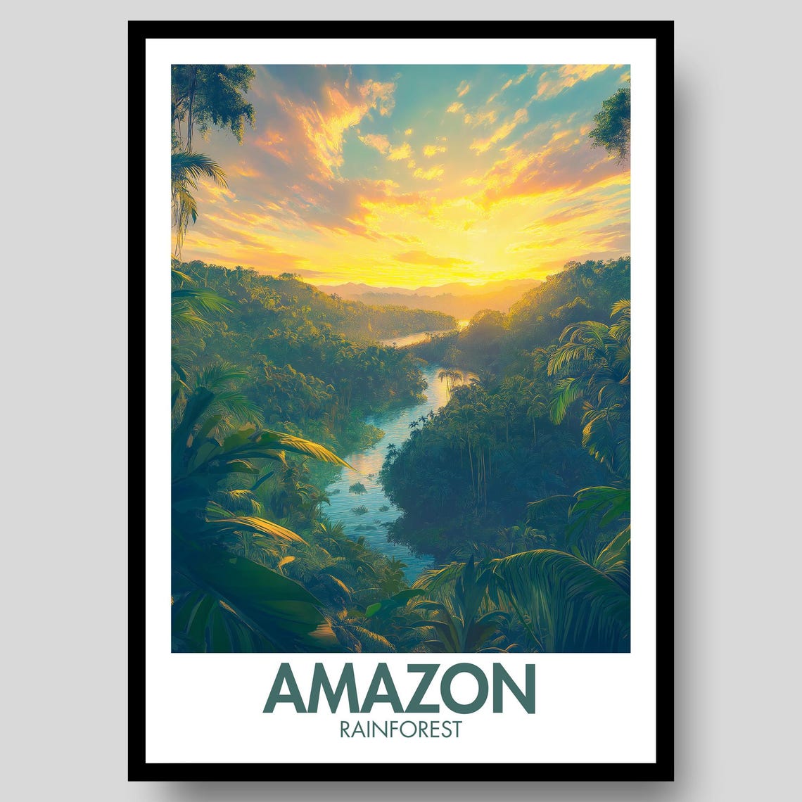 Amazon Rainforest Sunset River Canopy Vintage Jungle Travel Poster