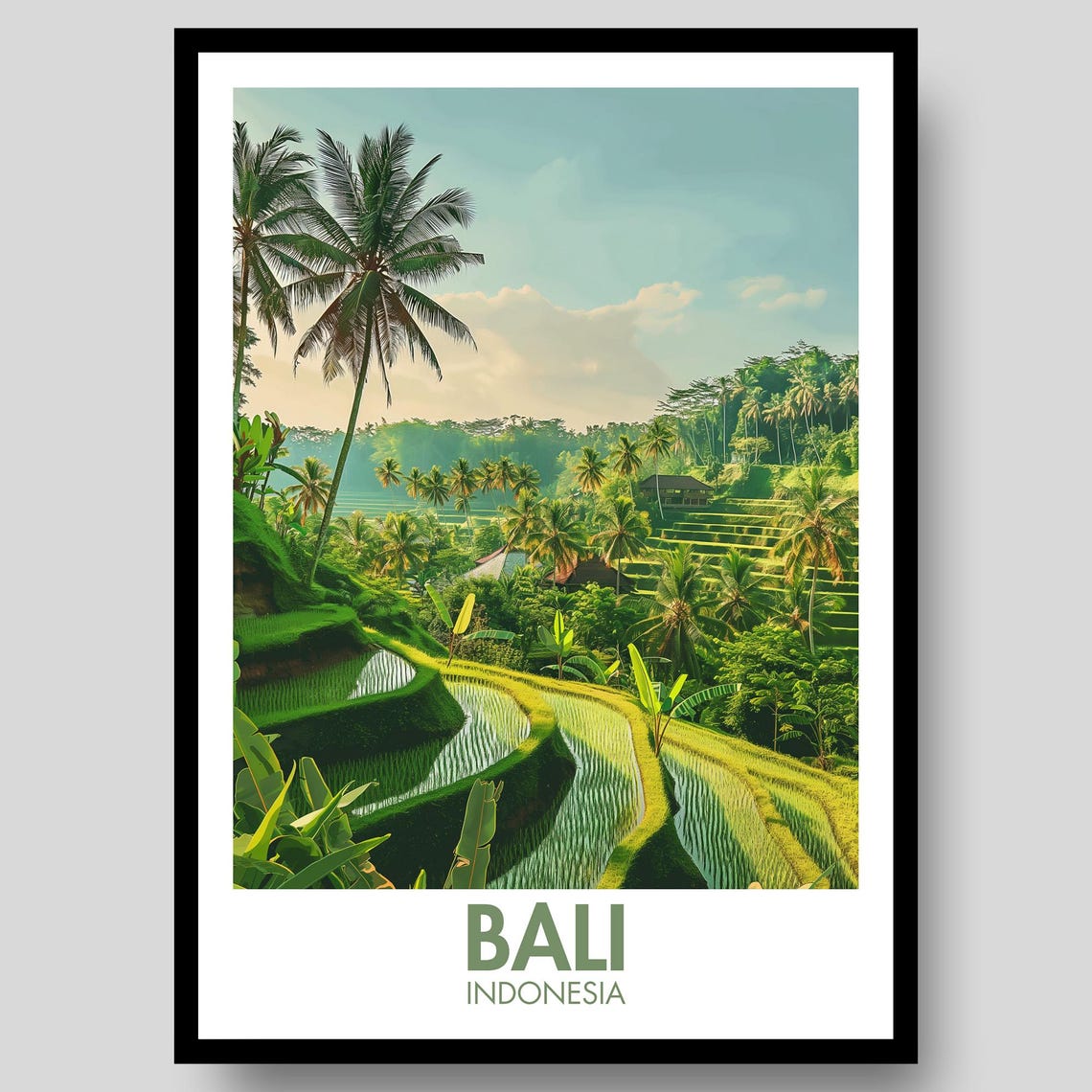 Bali Poster Indonesia Travel Art Decor Painting Map Temple